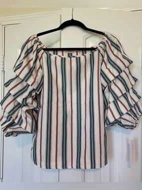 Tempted Striped Ruffle Sleeve Blouse - White, Navy & Red